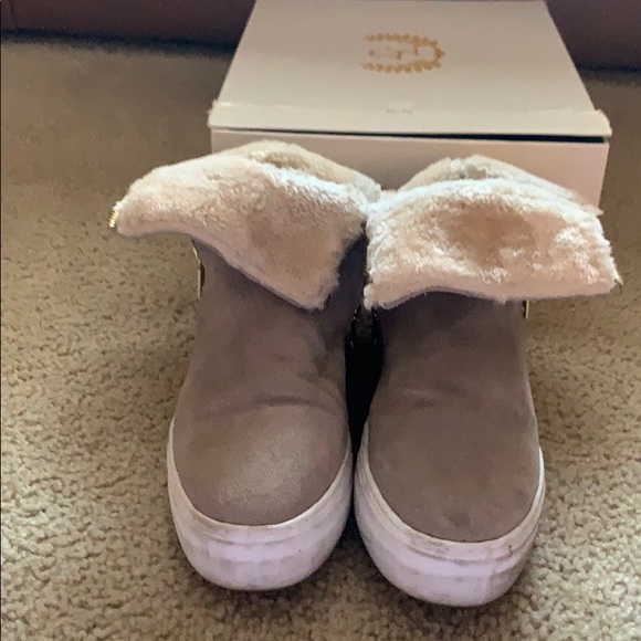 Fur suede shearling tan beige sneaker booties - Picture 2 of 7